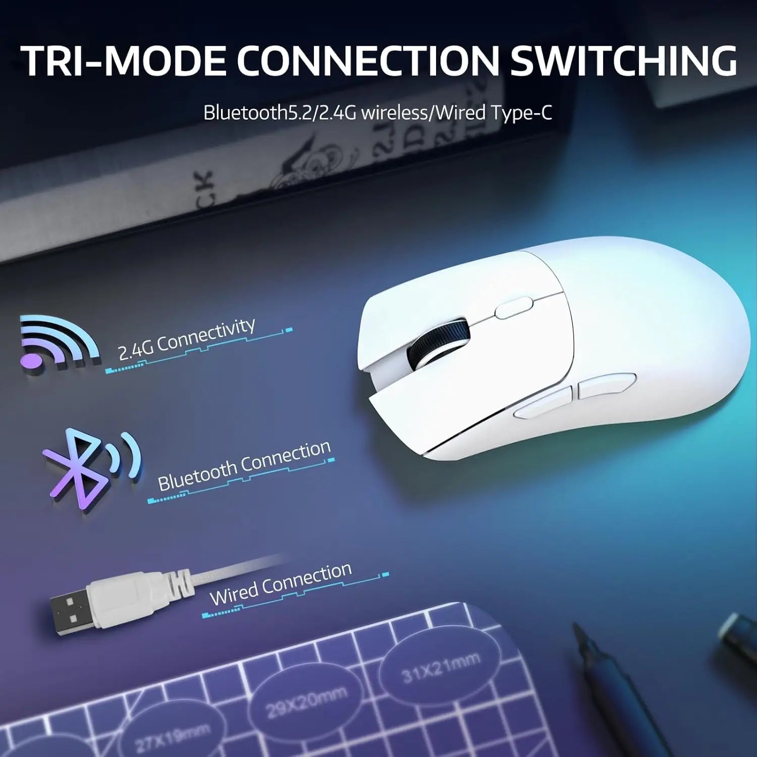 R1 Wireless Gaming Mouse,Tri-Mode Connection (2.4G/Wired/BT5.2),55g Lightweight Design,18K DPI Optical Sensor,HUYU 20