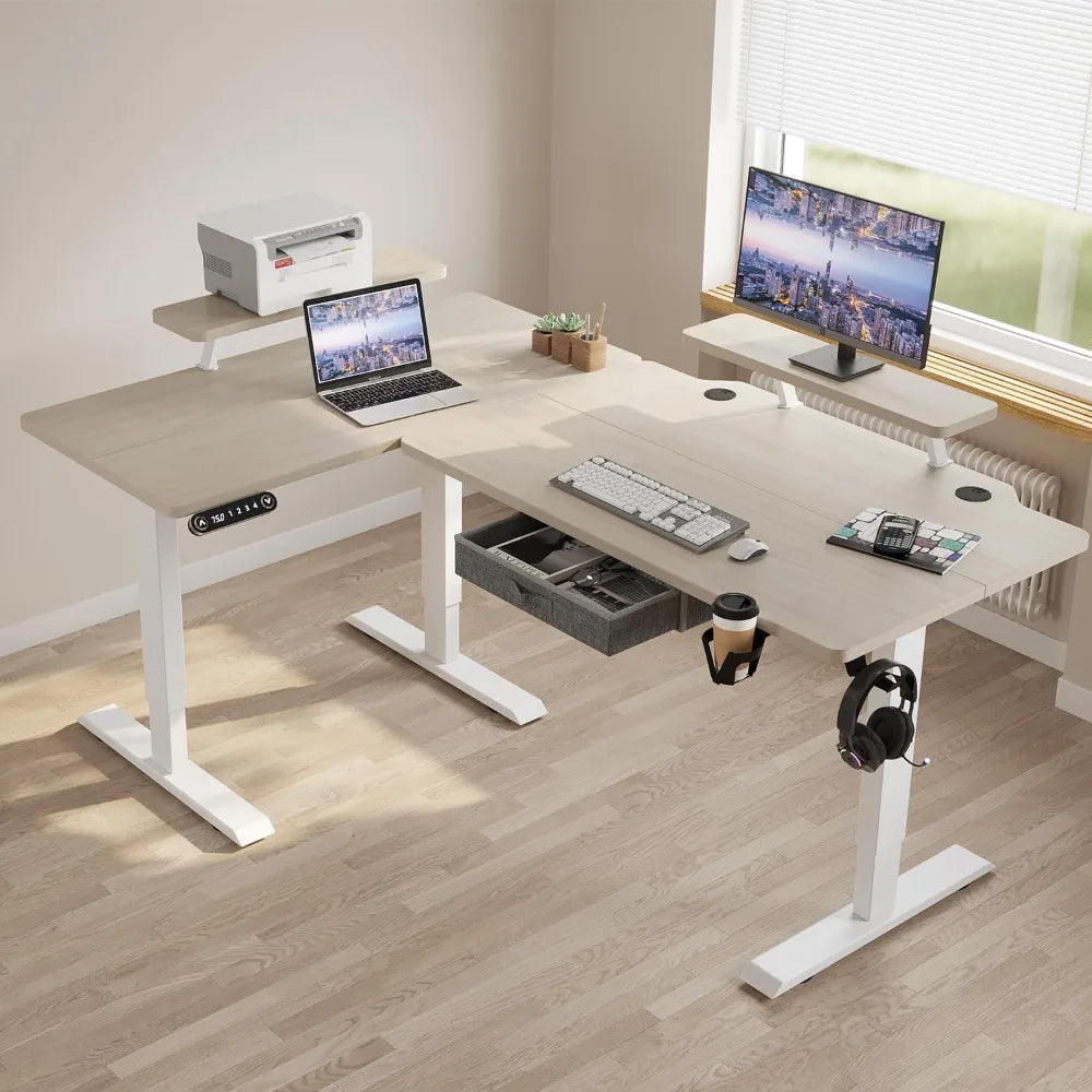 Electric L Shape Standing Desk with Drawer 63x47 Inches Height Adjustable Sit Stand Up Desk with Storage Shelf Home