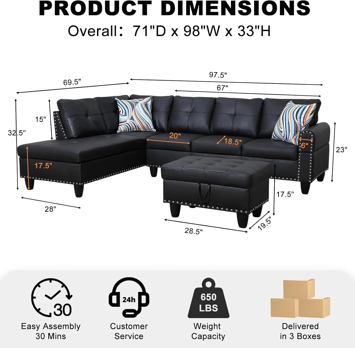 Sectional Sofa Couch Modern 4-Seaters Living Room Furniture Sets with Chaise Lounge Ottoman & 2 Pillows | L Shape Couch