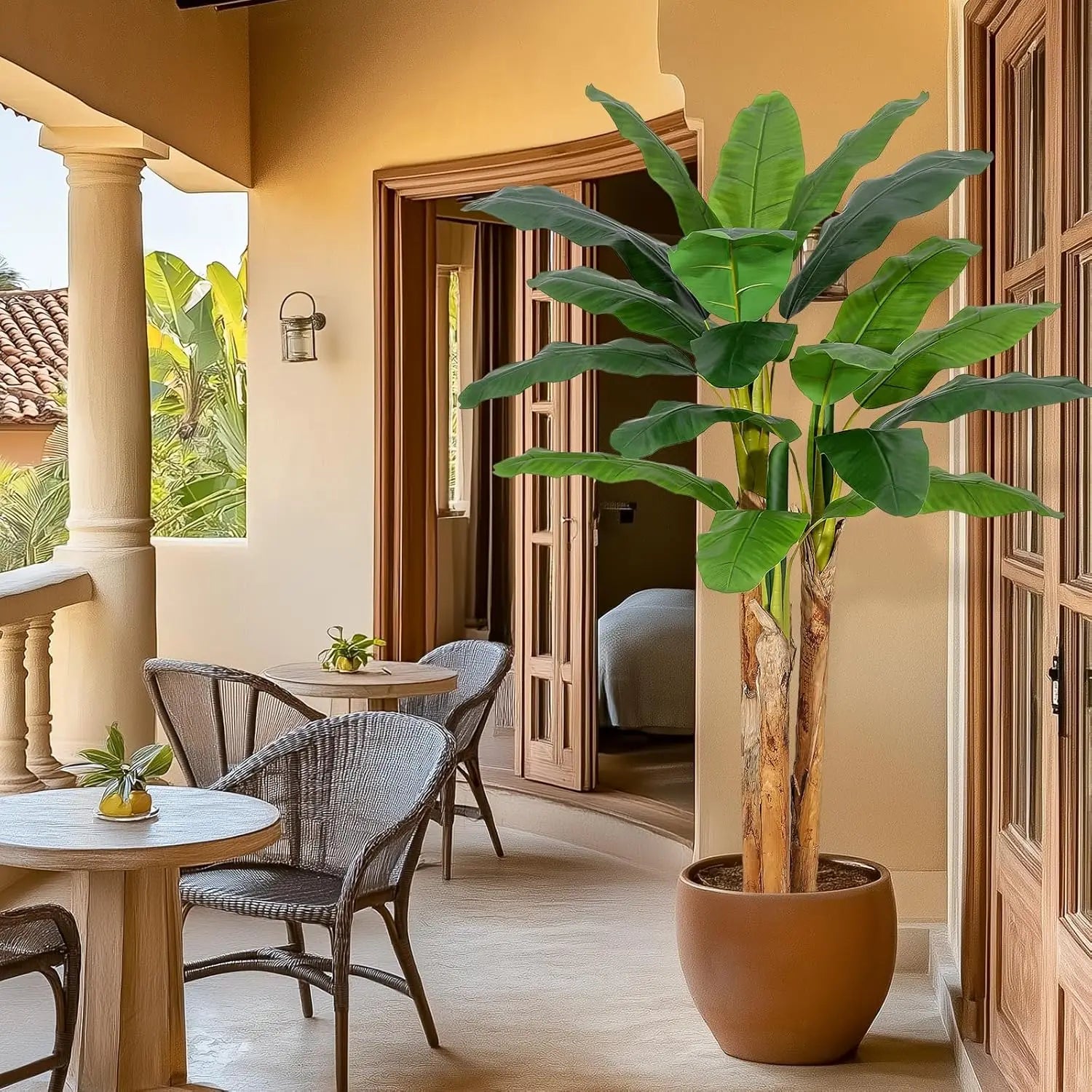 Artificial Banana Tree with Grey Planter Artificial Plants with 11 Banana Leaves Plant for Home Office Decor