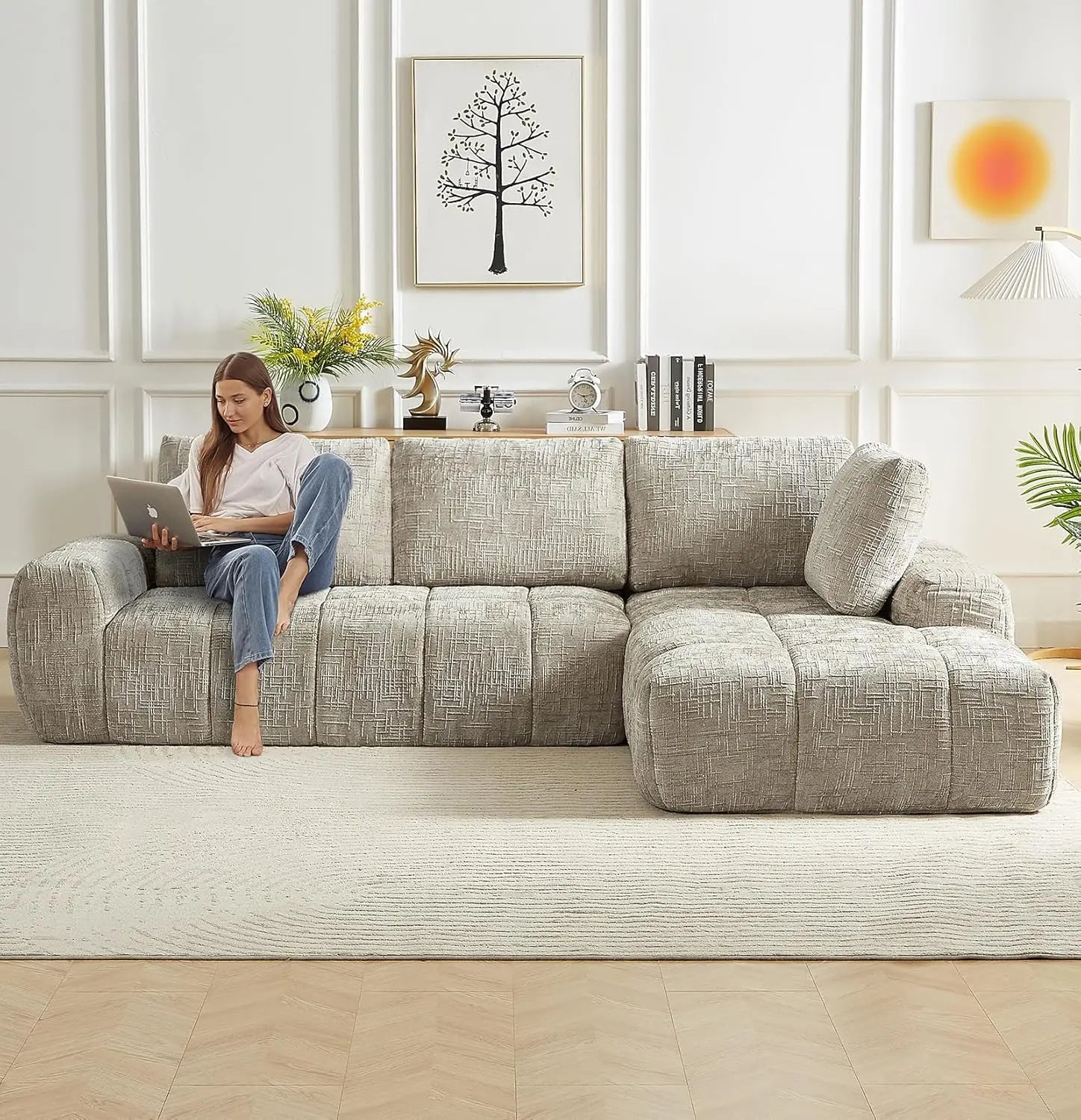 108’’ Boneless Cloud Modular Sectional Couch for Living Room L Shaped Sofa with Chaise | Chenille Fabric Compressed