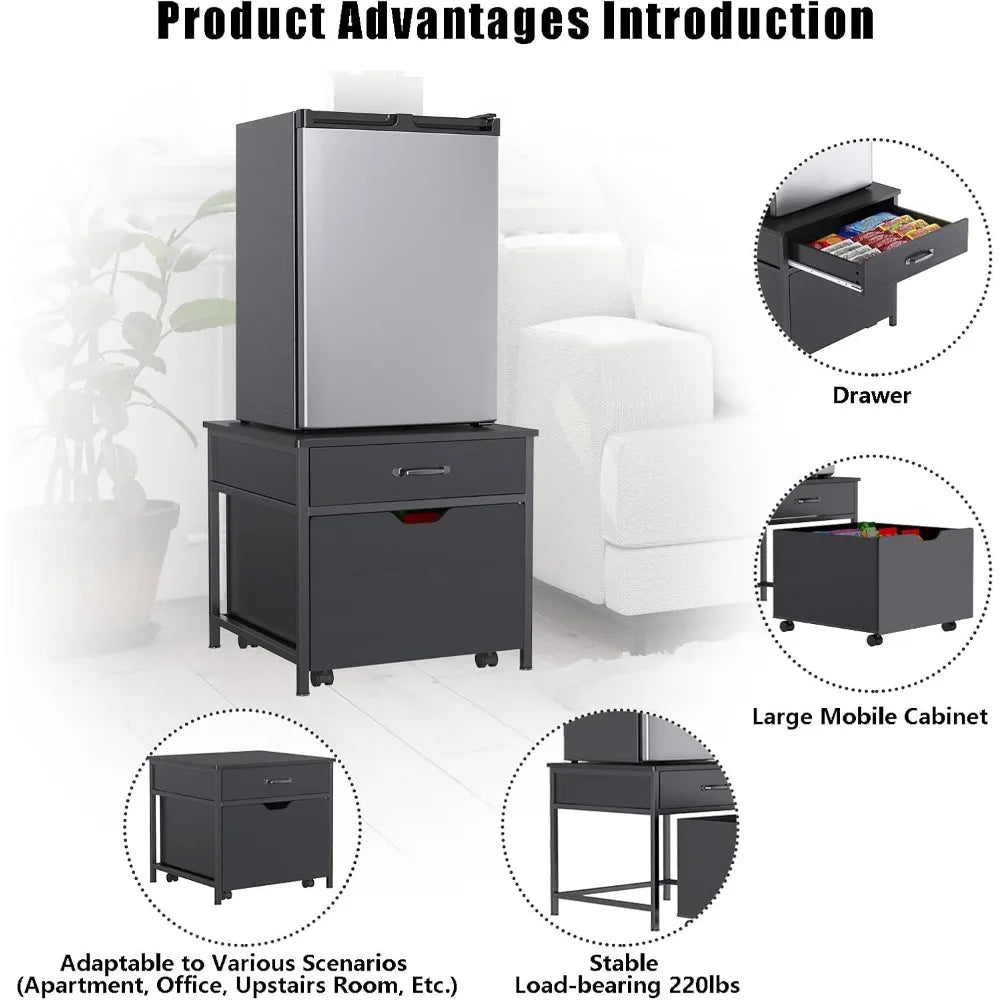 Mini Fridge Stand with Storage Heavy Duty Mini Fridge Table with Rolling Cabinet 220LBS Capacity Tabletop for Dorm