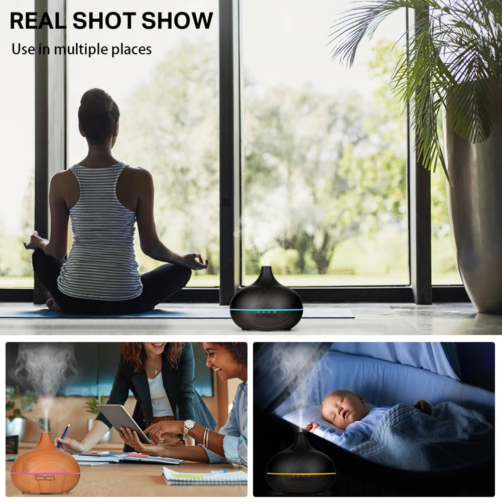 550 500 400 Aromatherapy Essential Oil Diffuser Wood Grain Remote Control Ultrasonic Air Humidifier Cool with 7 Color