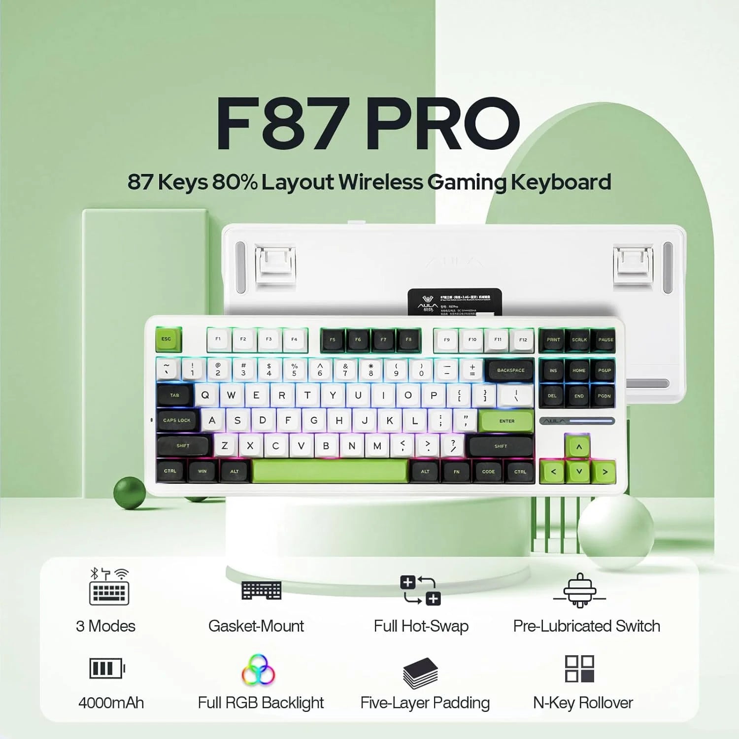 AULA F87 Pro Mechanical Keyboard 3 Mode 2.4G/USB/Bluetooth Tri Mode Wireless Gaming Keyboard 87 Key Hotswap RGB Gasket