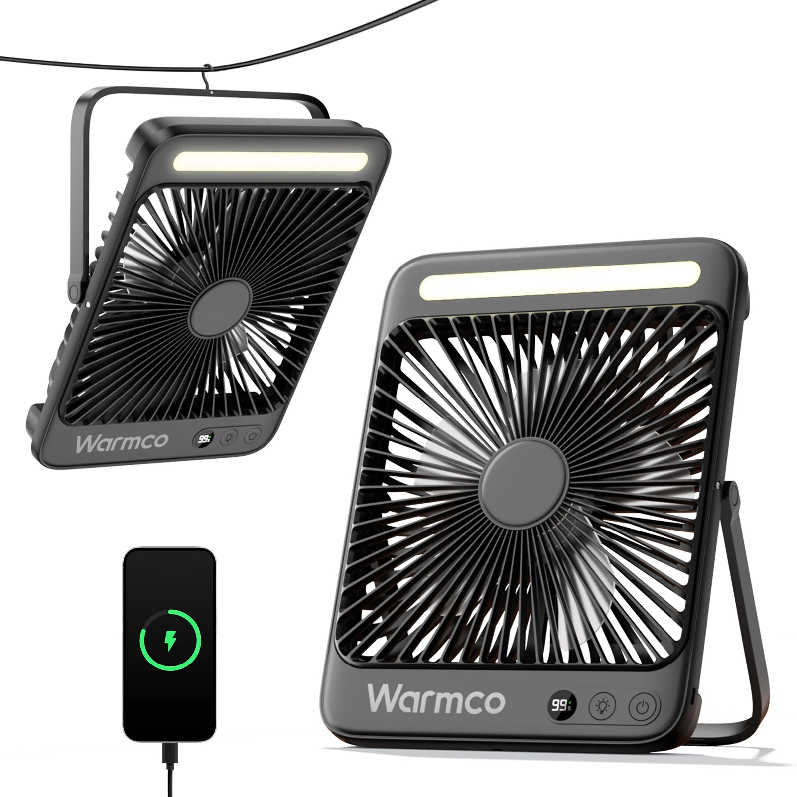 Warmco 20000mAh 8-inch Portable Camping Fan,LED Light Quiet Thin Battery Desk Personal Fan With Digital Display