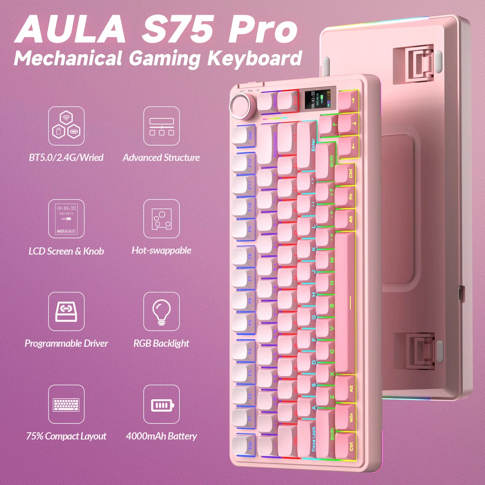 AULA S75pro Wireless Keyboard Tri-mode RGB Gaming Keyboard Hot Swap PBT Keycaps with Macro Software - Gradient Pink