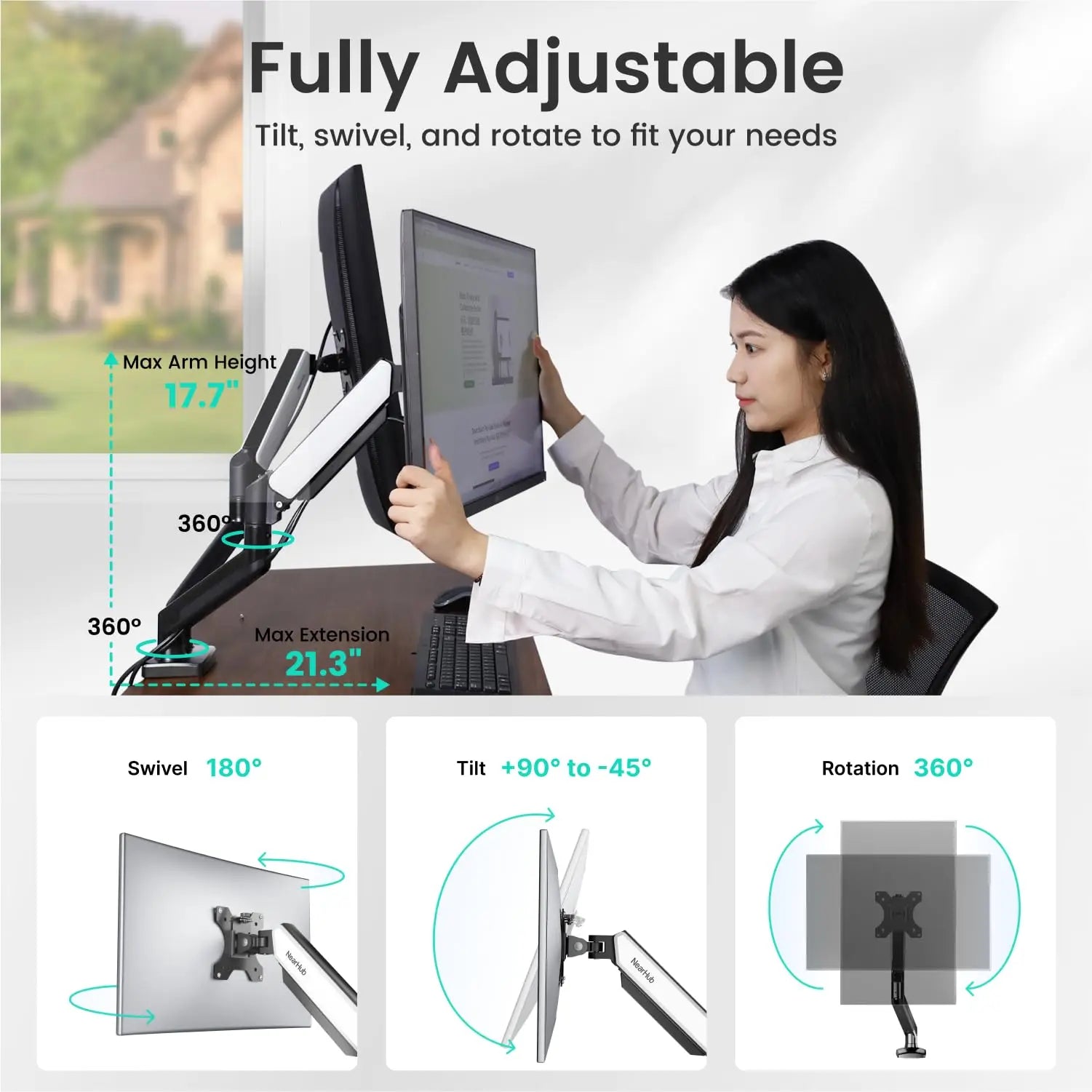 Nearhub MS-002 Monitor Arm Dual Arm With C-Clamp & Grommet Mount,Flexible Adjustment Effortless Installation Monitor Arm