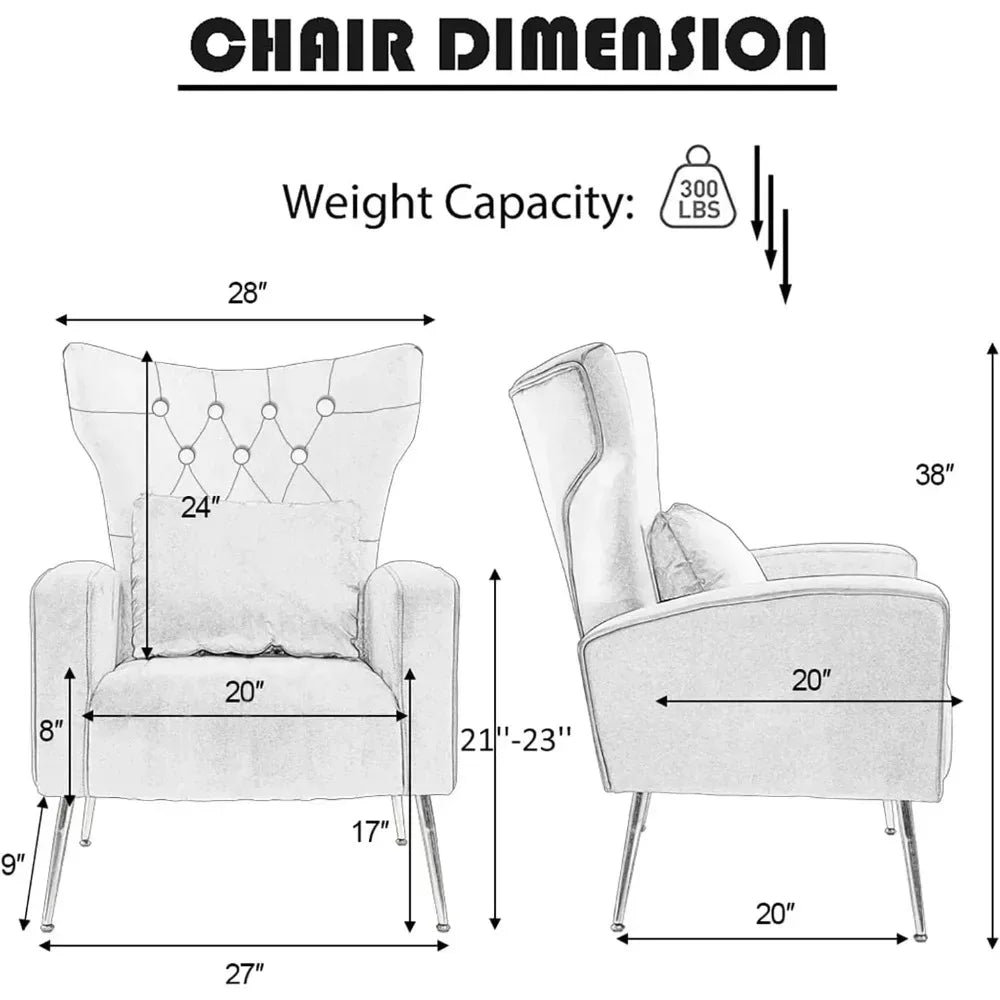 Velvet Accent Arm Chair Mid-Century Modern Living Room Chair Wingback Bedroom Side Chair with Gold Legs & Pillow
