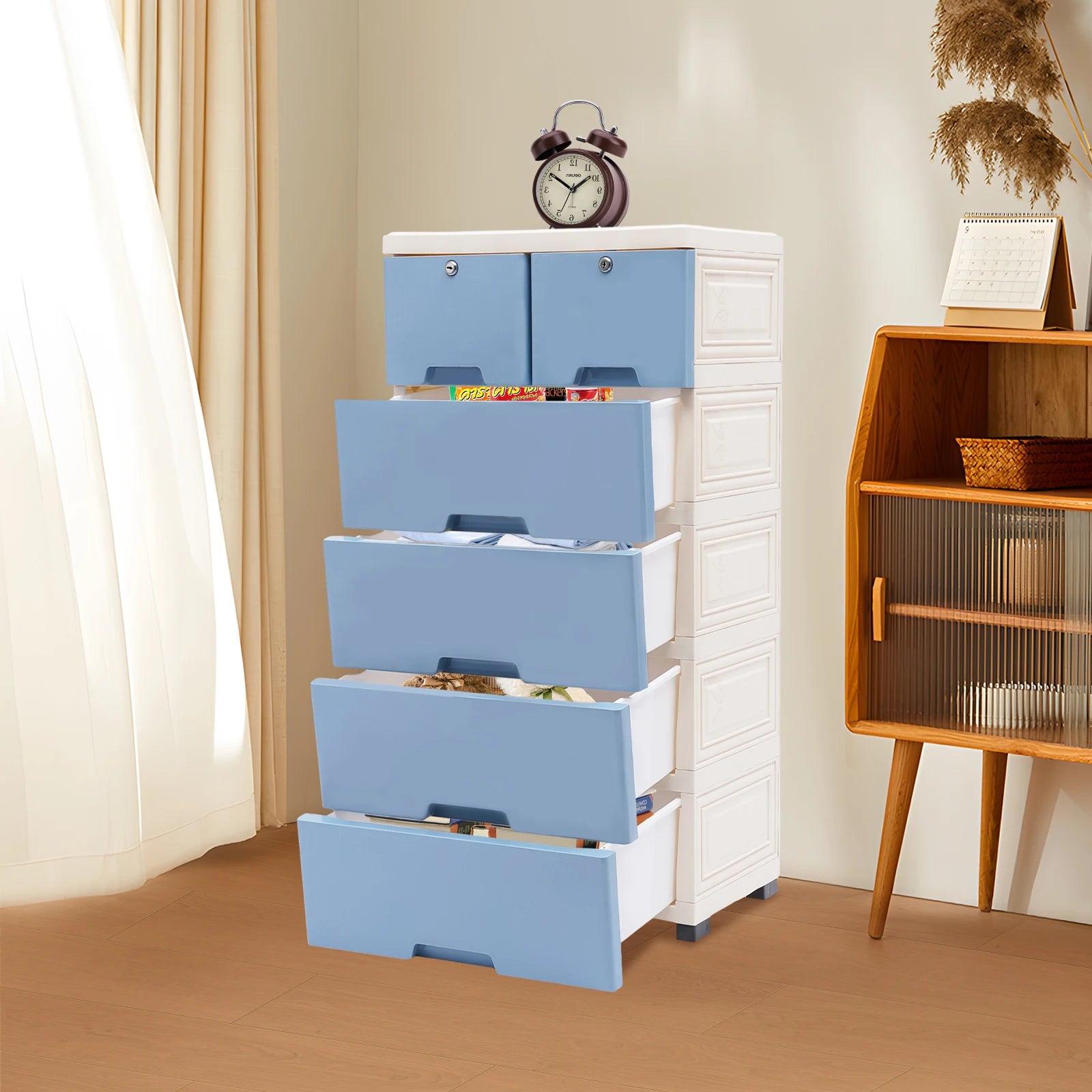 Drawer Cabinet Blue with 4 Wheels and 4 Keys PP Material Modern Simple Rectangle Storage Cabinet Organizer for Bedroom