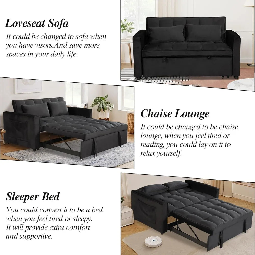 Sleeper Sofa Velvet Pull Out Sofa Bed Convertible Sofas Couch Adjustable Backrest Loveseat Sofa Couch Side Pocket