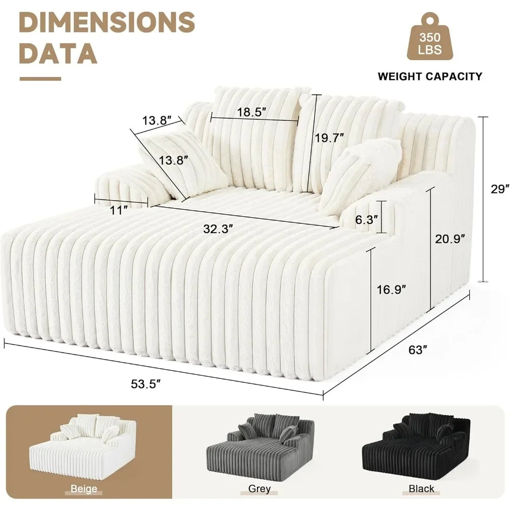53.5”W Oversized Chaise Lounge Chair Indoor Boneless Couch Chair with 4 Pillows Comfy Reading Chairs with Wide Arms