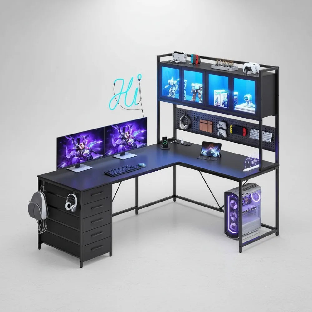 L-Shaped Gaming Desk with LED Lights Power Outlet Drawers & Hutch - Reversible Corner Office Computer Desk - United