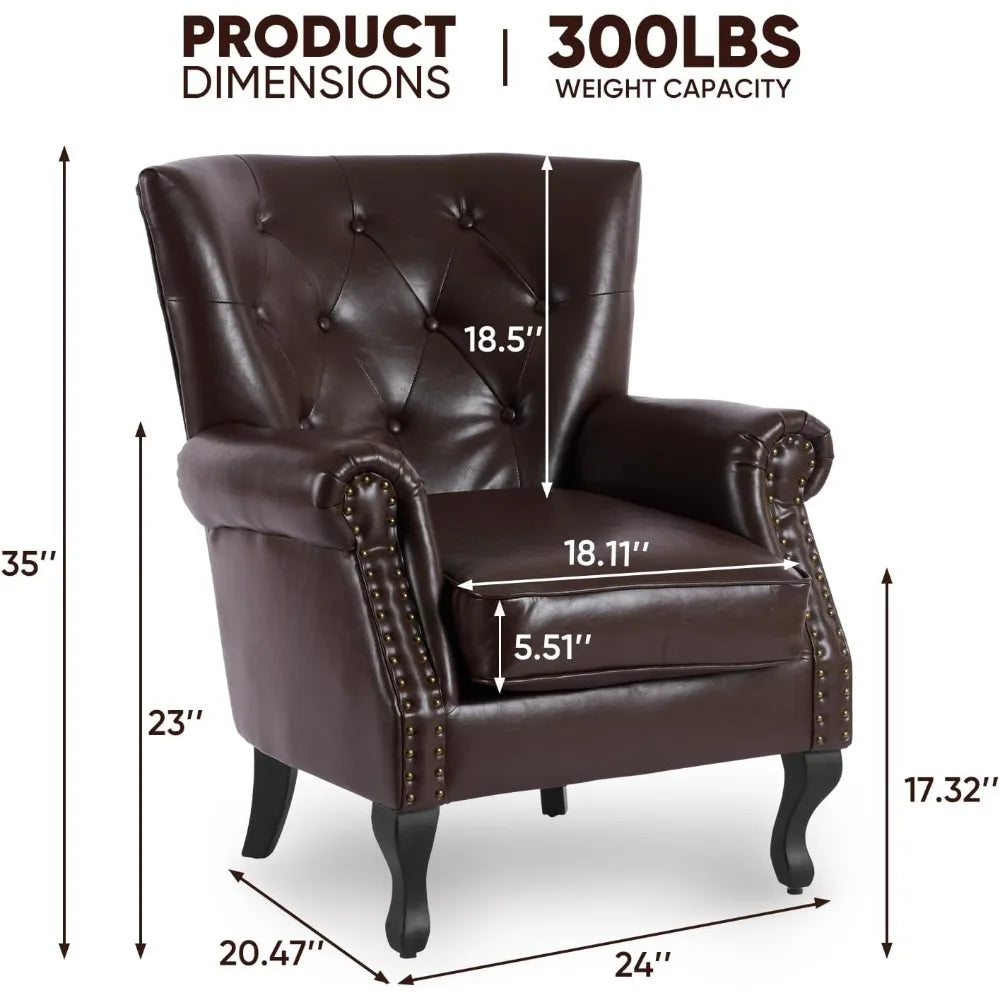 PU Leather Accent Chair Mid-Century Modern Armchair Living Room Club Chair with Tufted Button & Rivet Trim Upholstered
