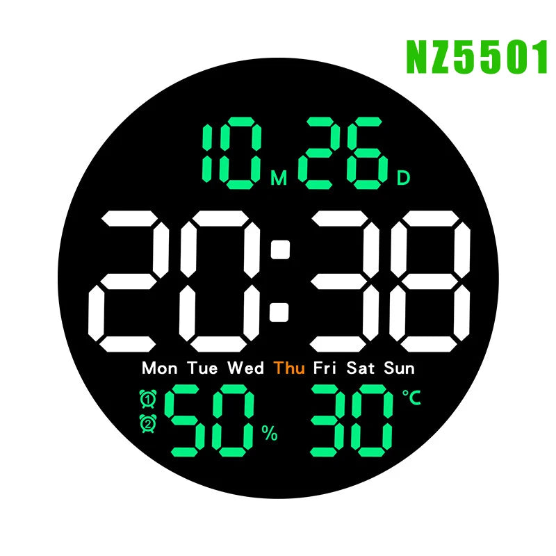 Remote Control LED Wall Clock with Dual Alarms,Calendar and Temperature Display for Home Decoration.Brightness