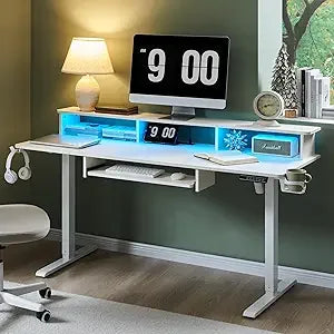 60inch gaming desk electric standing desk with height adjustable power outlets led lights keyboard tray and monitor