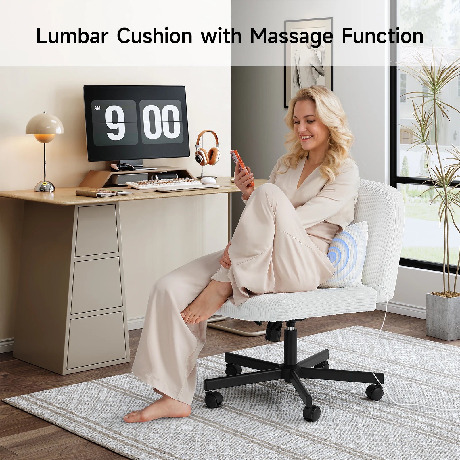 Massage Cross Leg Office Chair w/ Double Layer Sponge Cushion,Corduroy/Pearl Velvet Wide Armrest Desk Chair Mid Back