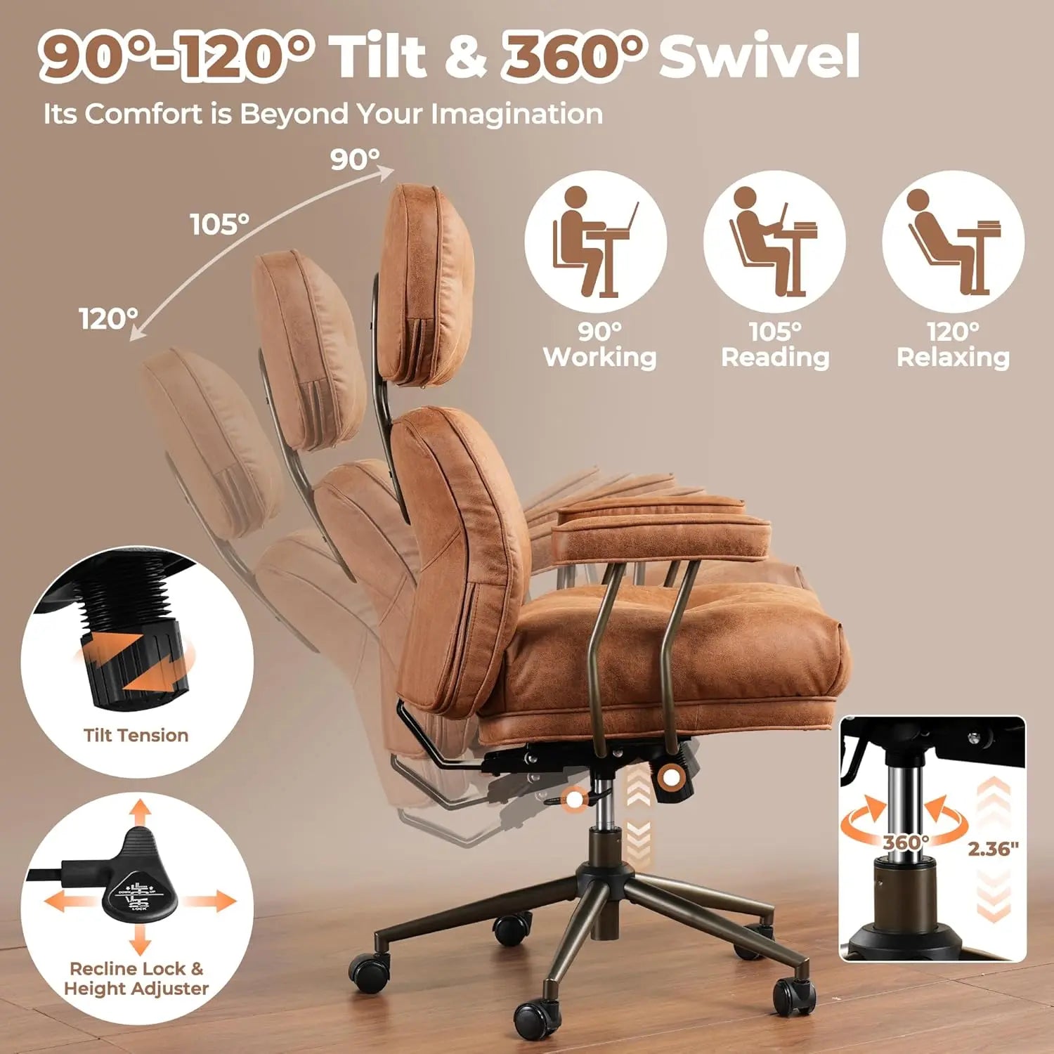 Office Chair Modern Leather with Lumbar Support High Back Swivel Rolling with Comfy Thick Cushion (Brown Suede Faux