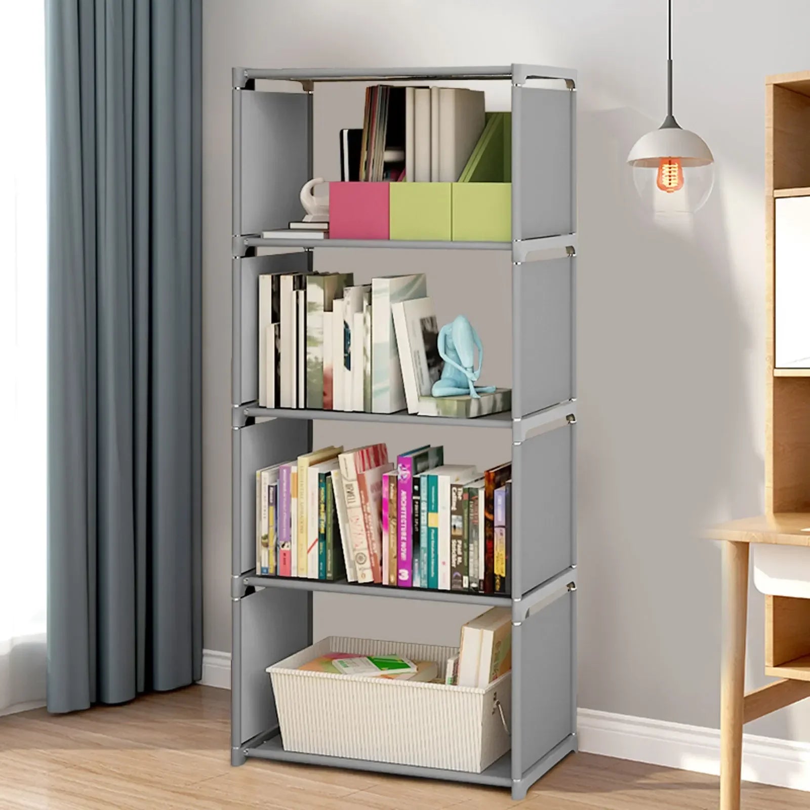 4-tier Bookcase Display Holder Book Storage Shelve Stand Light Gray Bookshelf Waterproof High Load-bearing Capacity