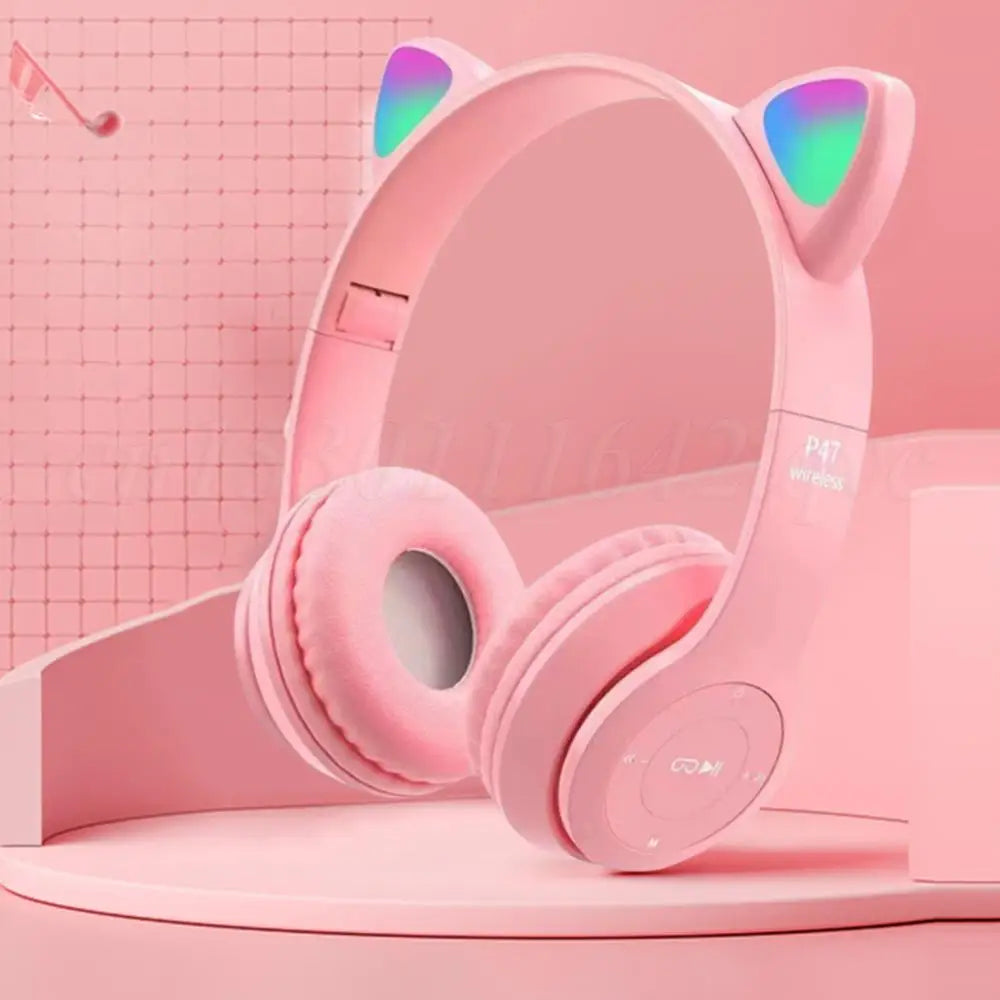 Wireless Headphones Cat Ear Gaming Headset Glow Light Bluetooth-Compatible Helmets Cute Over-Ear Headsets for Kids