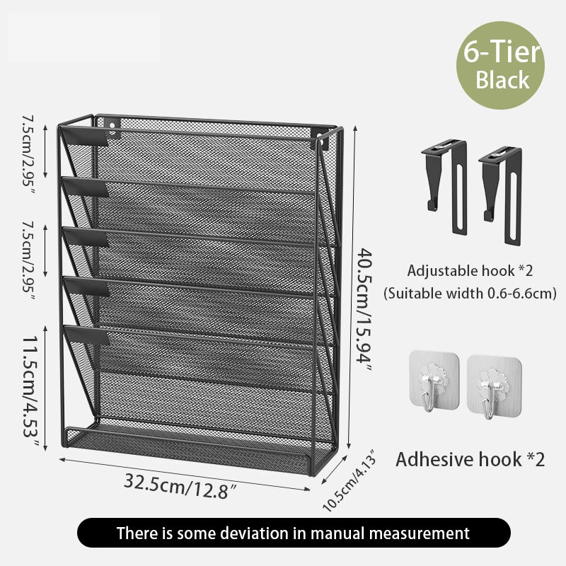 Wall-mounted file organizer Office mesh wall file holder Magazine paper holder with category name tag - 6-tier-black