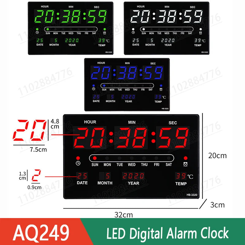 LED Digital Electronic Clock Backlight Large Digital Alarm Clock Temperature Calendar Bedroom Wall Calendar Clock