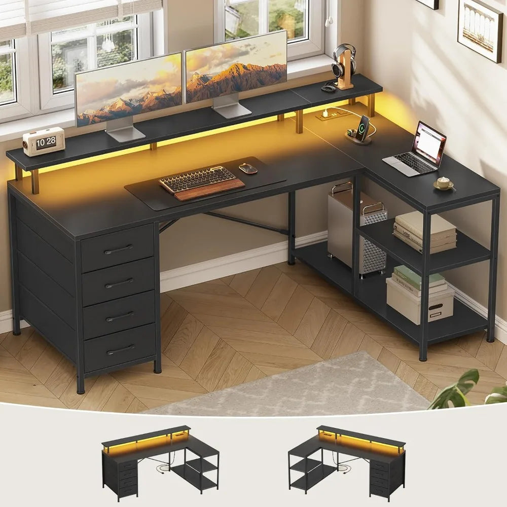 SEDETA L Shaped Desk with 4 Drawers and Storage Shelves L Shaped Gaming Desk with LED Lights & Power Outlets Computer