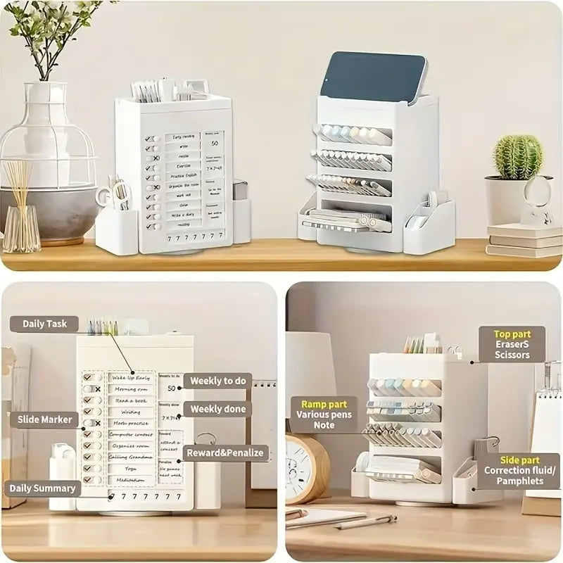Daily Weekly Planner Stationery Organizer 360° Rotating Storage Box Self-Discipline Pen Holder Office Accessories Desk