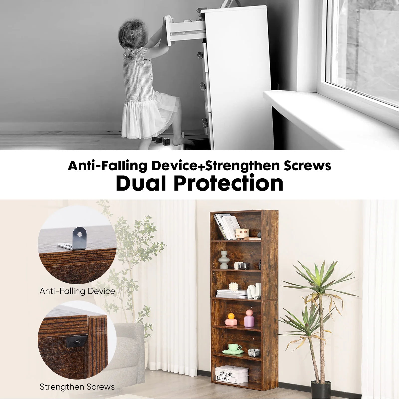 JHK 6 Tier Wooden Shelf Bookcase 63 Inch Tall Floor Standing Open Bookshelf for Living Room and Home Office