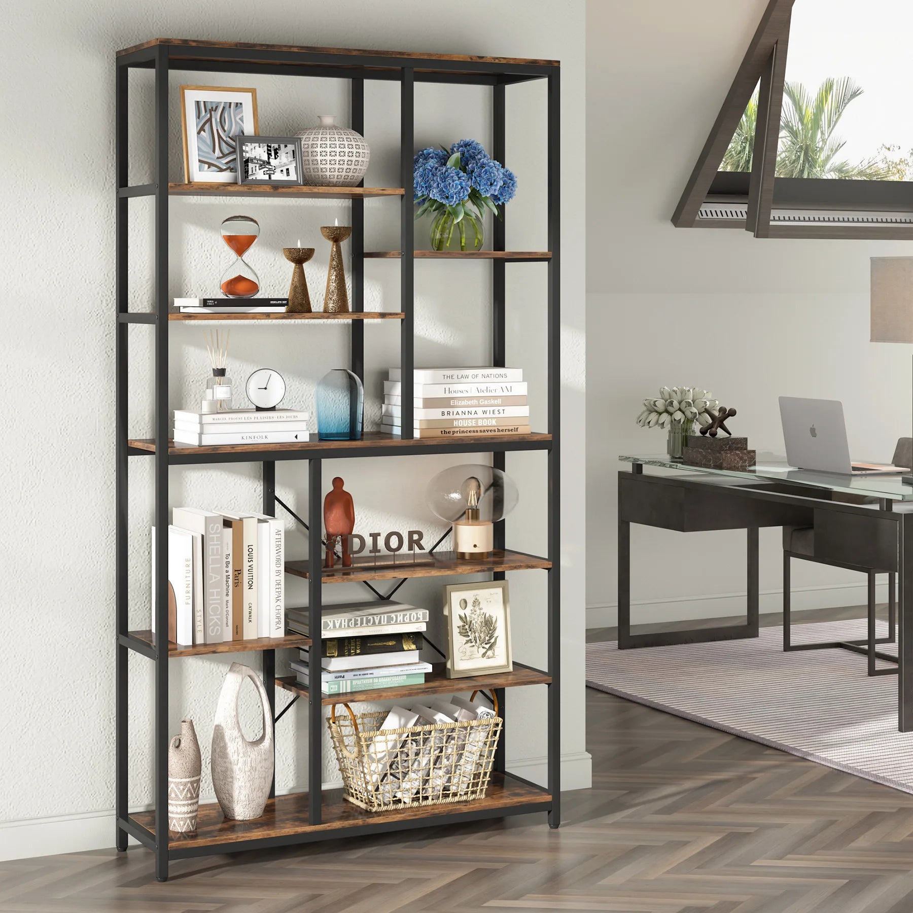 Tribesigns 79 Inches Bookcase with Open Shelves 9-Tier Industrial Bookshelf 10 Cubes Etagere Storage Shelves Display