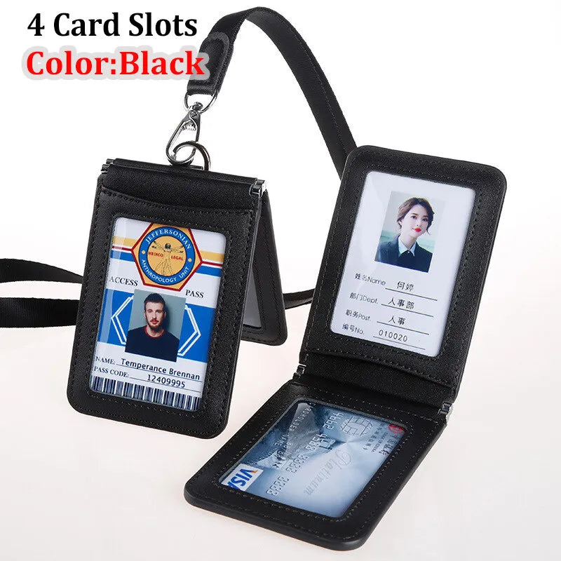 Top Grade Genuine Leather ID Badge Holder Business Cards Holders with Neck Lanyard Formal Staff Magnet Closed ID Card