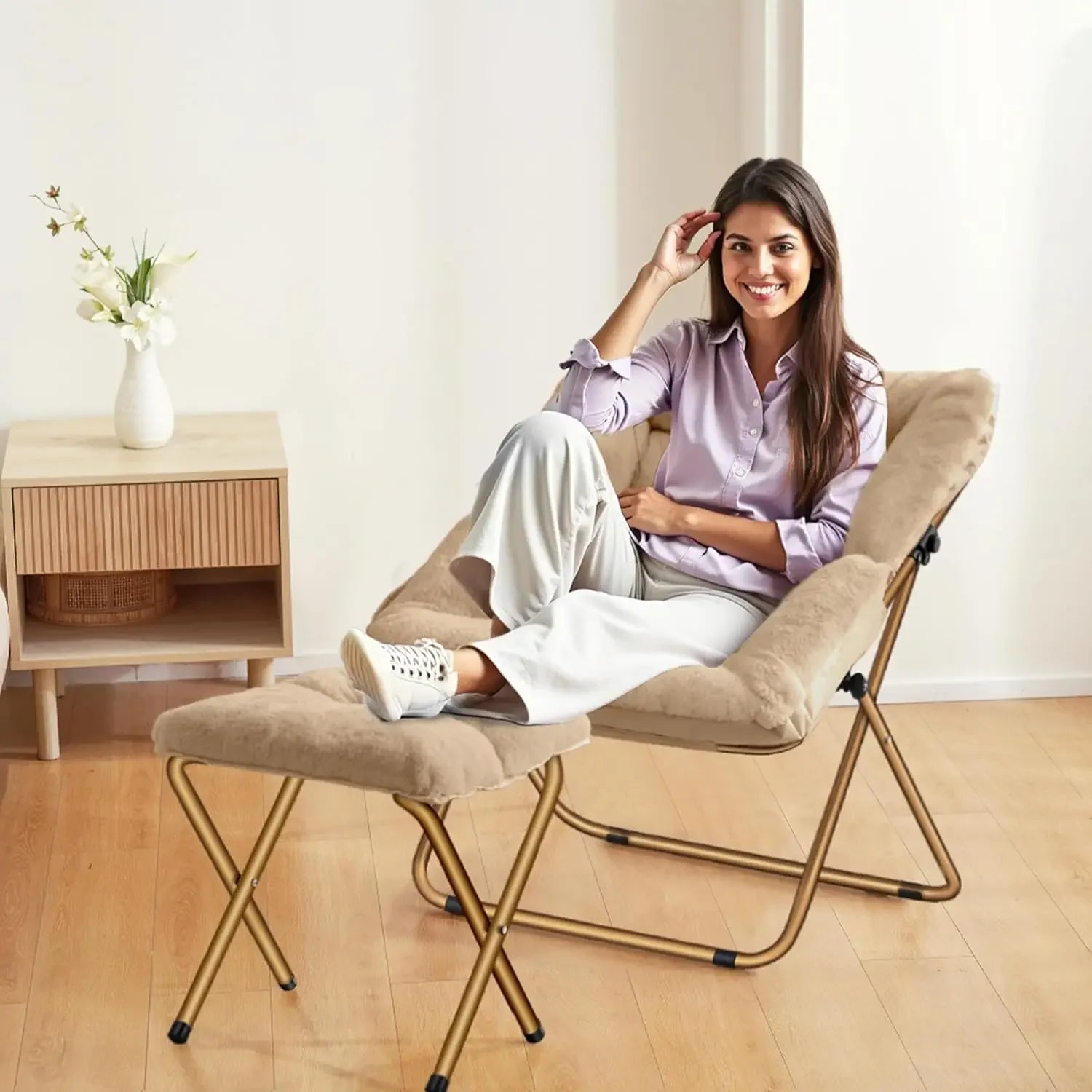 Saucer Chair Foldable Living Room Chairs Soft Faux Fur Lounge Chair for Bedroom Reading Chairs for Adults Kids X-Large