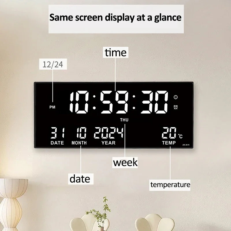 Digital Large Wall Clock Alarm Temperature Date Calendar Display 8 Sets of Alarm Clocks 14’’ Electronic LED Clock Plug