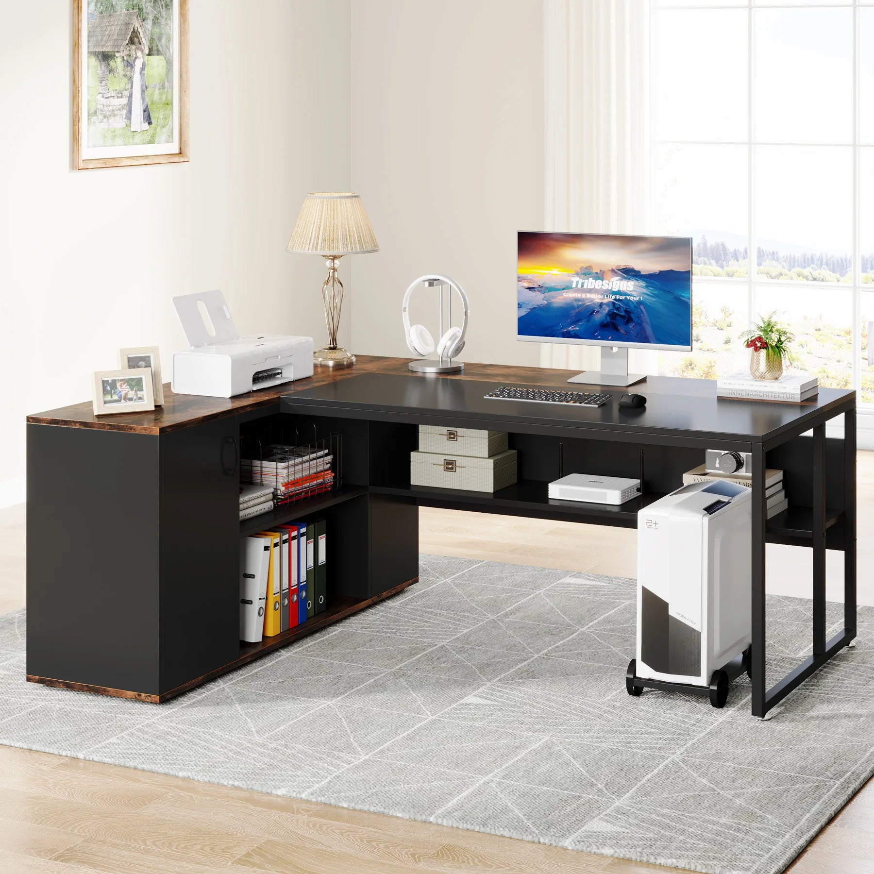 Tribesigns 71 inch Executive Desk L Shaped Desk with Cabinet Storage Executive Office Desk with Shelves
