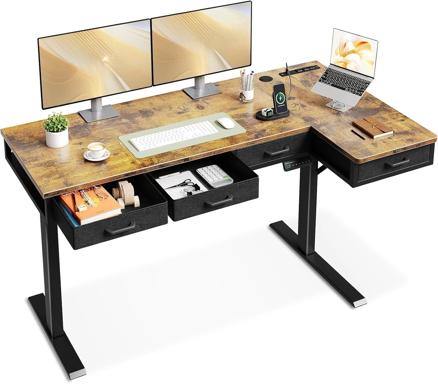 L Shaped Electric Standing Desk with Drawers Height Adjustable Large Desk with Power Outlets Sit Stand Table, - United