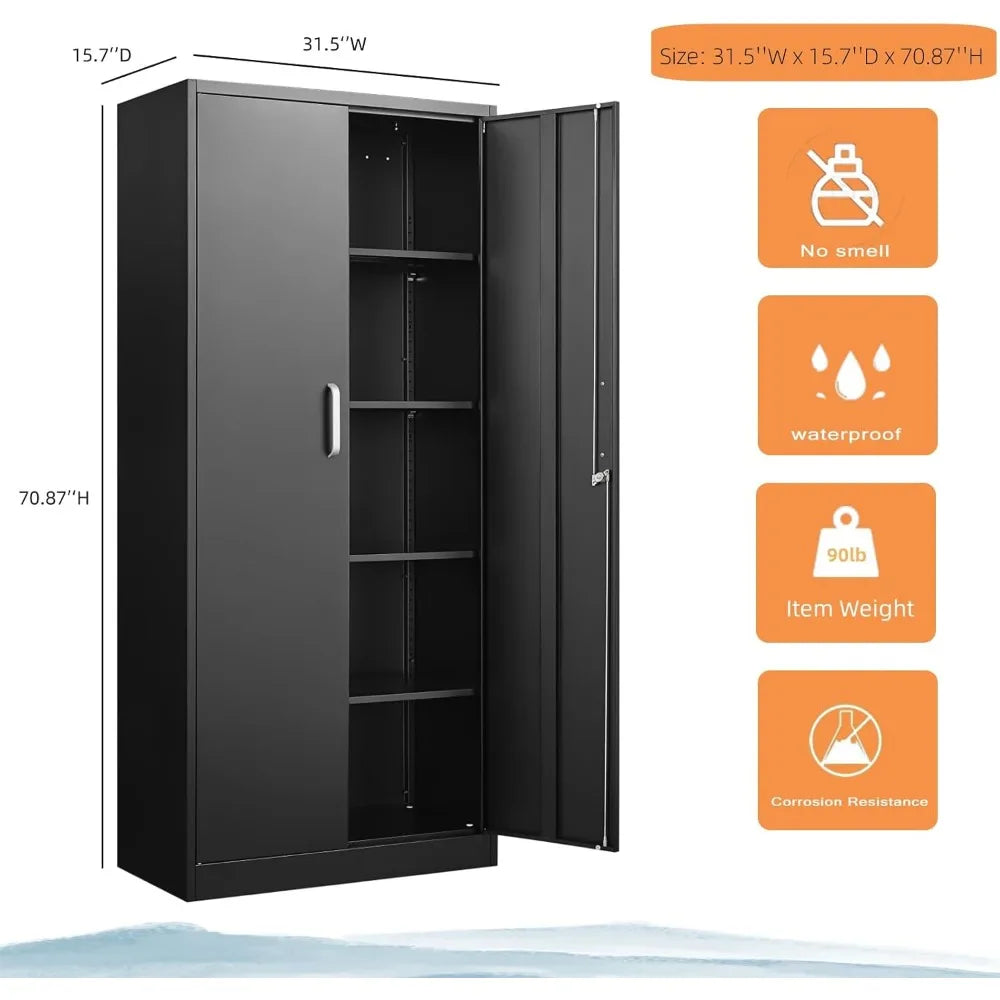 Metal Storage Cabinet with Adjustable Shelves Pantry Cabinet with 2 Doors Lockable Garage Storage Cabinet Tool Cabinet