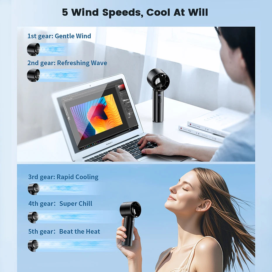 coldSky Portable Handheld Fan 3000mAh Battery Operated Cooling Fan 5 Speed Adjustable Small Desktop Fan With Digital