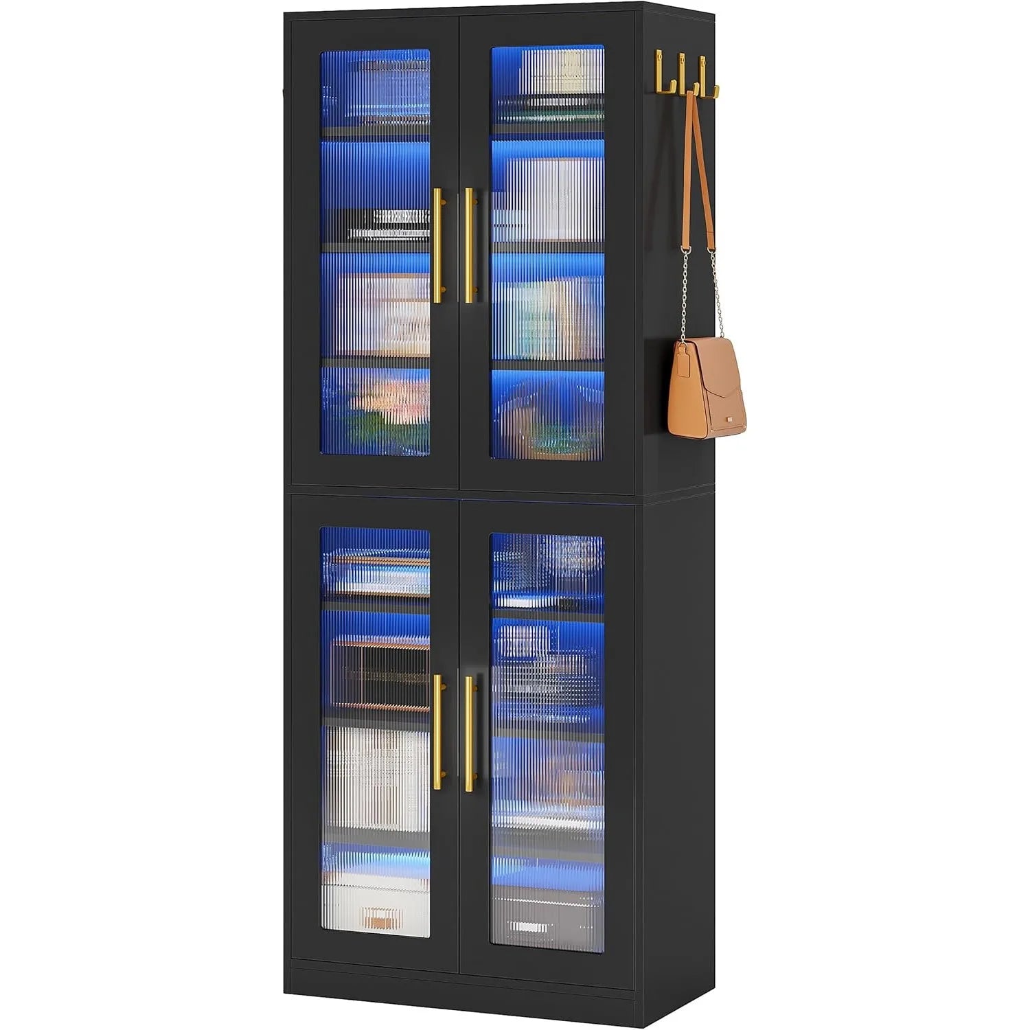 Bookcase with Doors and LED Light 67-inch Tall Bookshelf with 8-Tier Shelves for Living Room Bathroom Office Kitchen