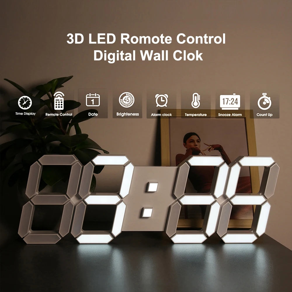 3D LED Wall Clock Large Digital Wall Clock With Remote Control Alarm Clock Time/Date/Temp Display Wall&Table Clock