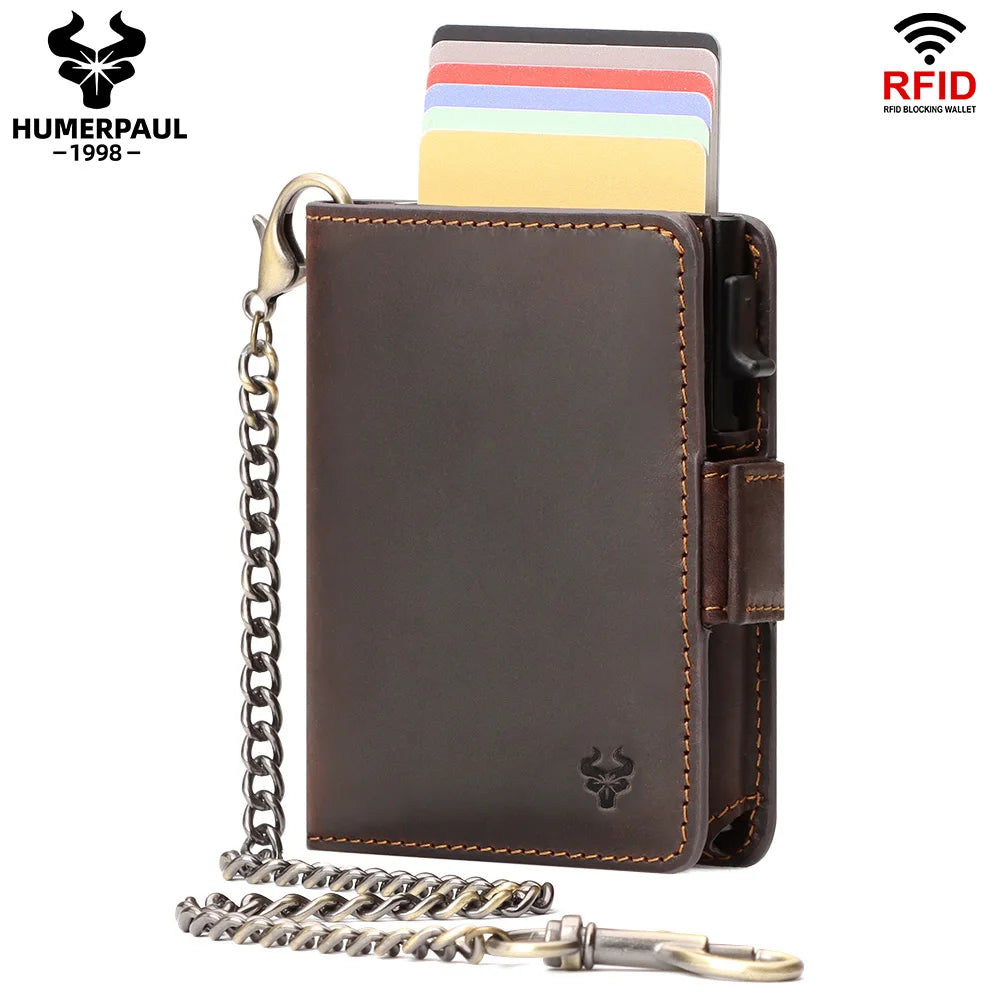 Crazy Horse Leather Card Holder RFID Blocking Card Case Smart Pop-up Cardholder Fashion Men’s Wallet with Long