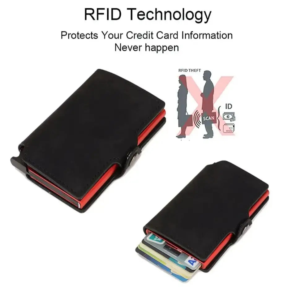 Split Genuine Leather Mens Slim Wallet Pop Up Credit Card Holder with RFID Blocking Money Clip Stylish Front Pocket