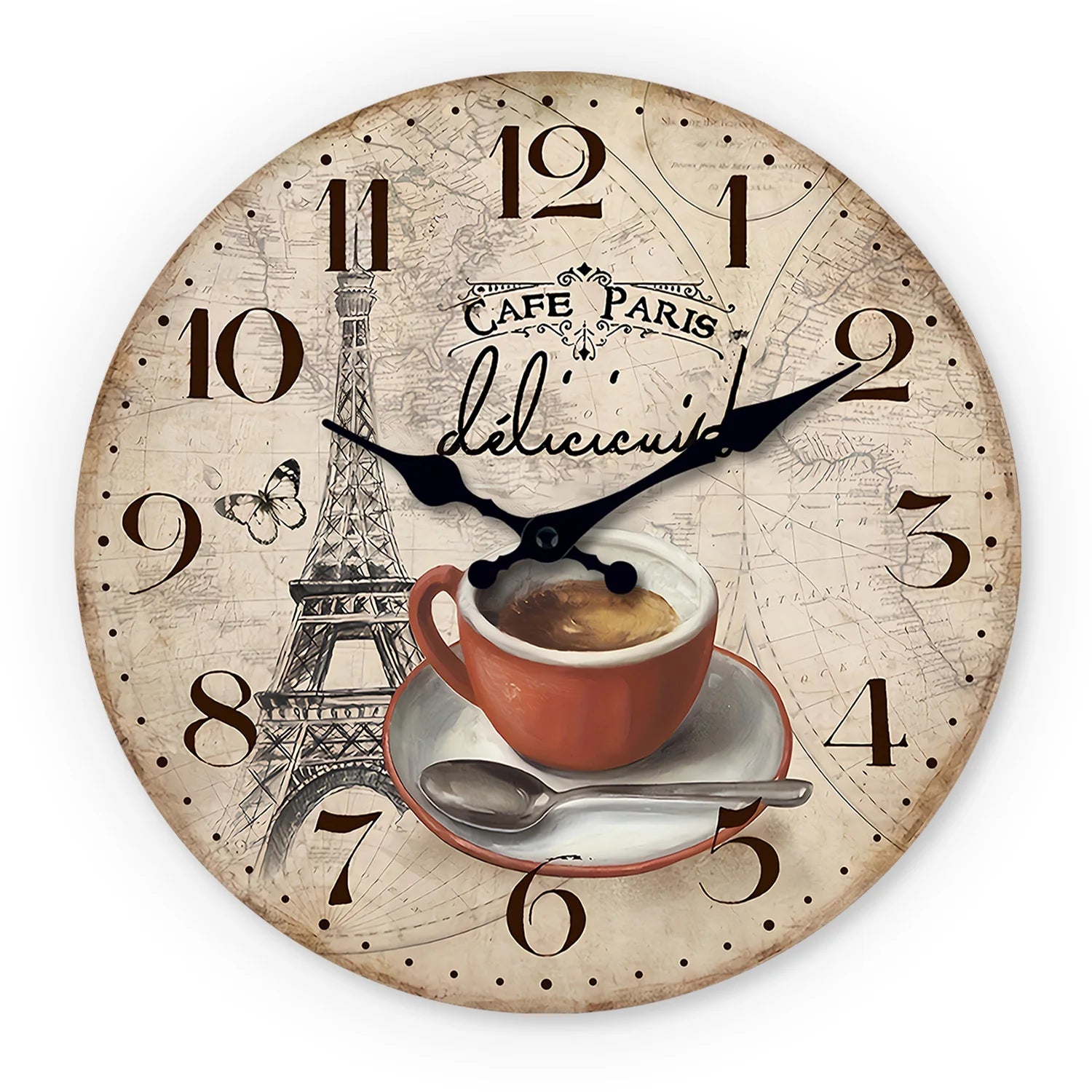 French Retro Paris Eiffel Tower Coffee Cup Wooden Wall Clock Living Room Bedroom Kitchen Home Decoration Wall Clock