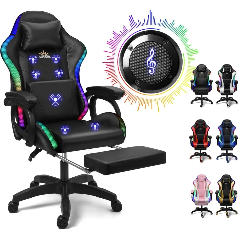 Gaming Chair with LED Lights and Speakers Ergonomic Pro Video Game Chair with Massage and Footrest for Adults Teens