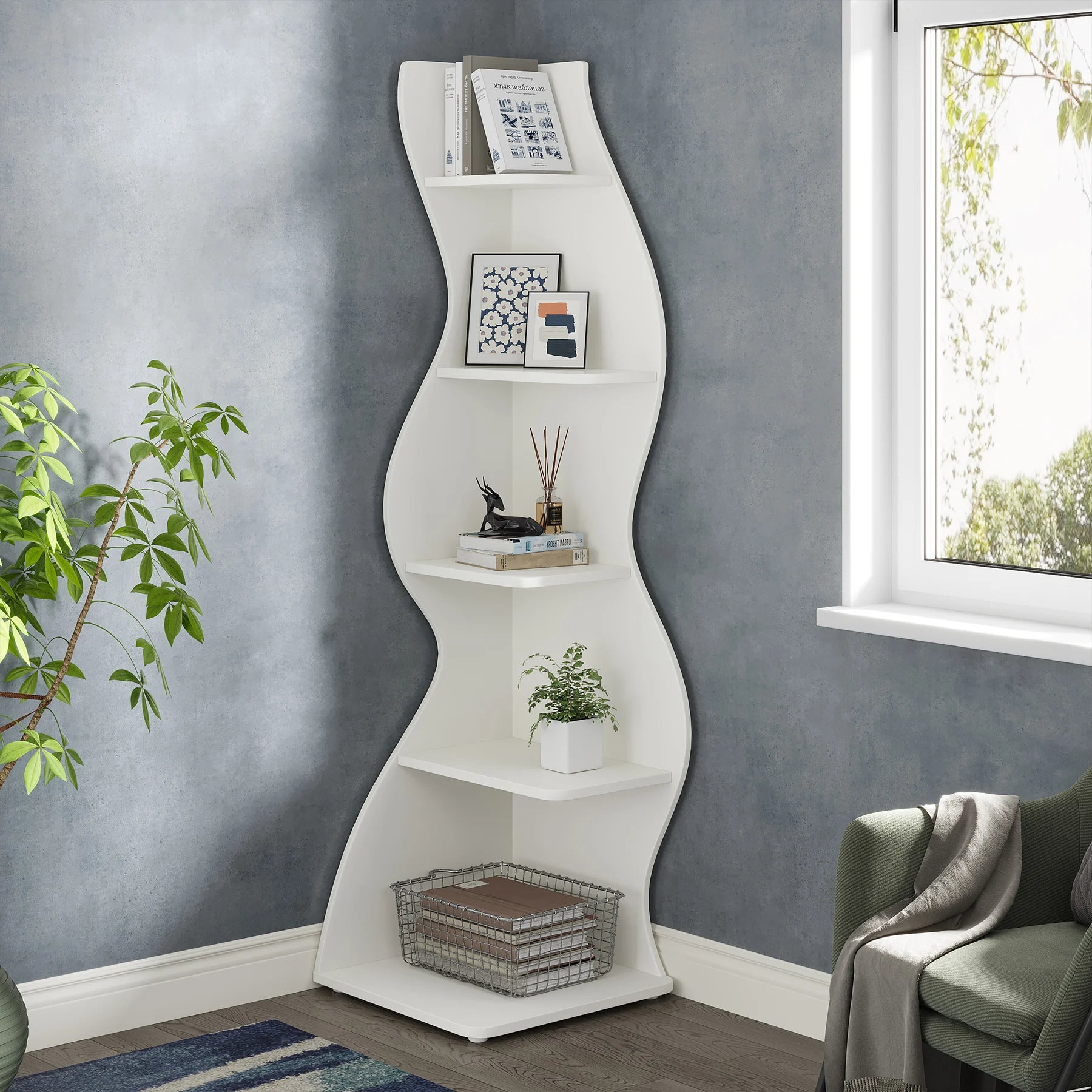 Tribesigns Corner Shelf Modern 5-Tier Wall Corner Bookshelf Stylish Corner Small Bookcase Storage Rack Plant Stand