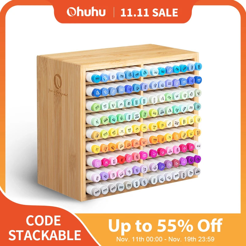 Ohuhu Bamboo Marker Organizer Wooden Desktop Storage Hold 126 Markers Pens Pencils Art Brushes Stationary Organizer Pen