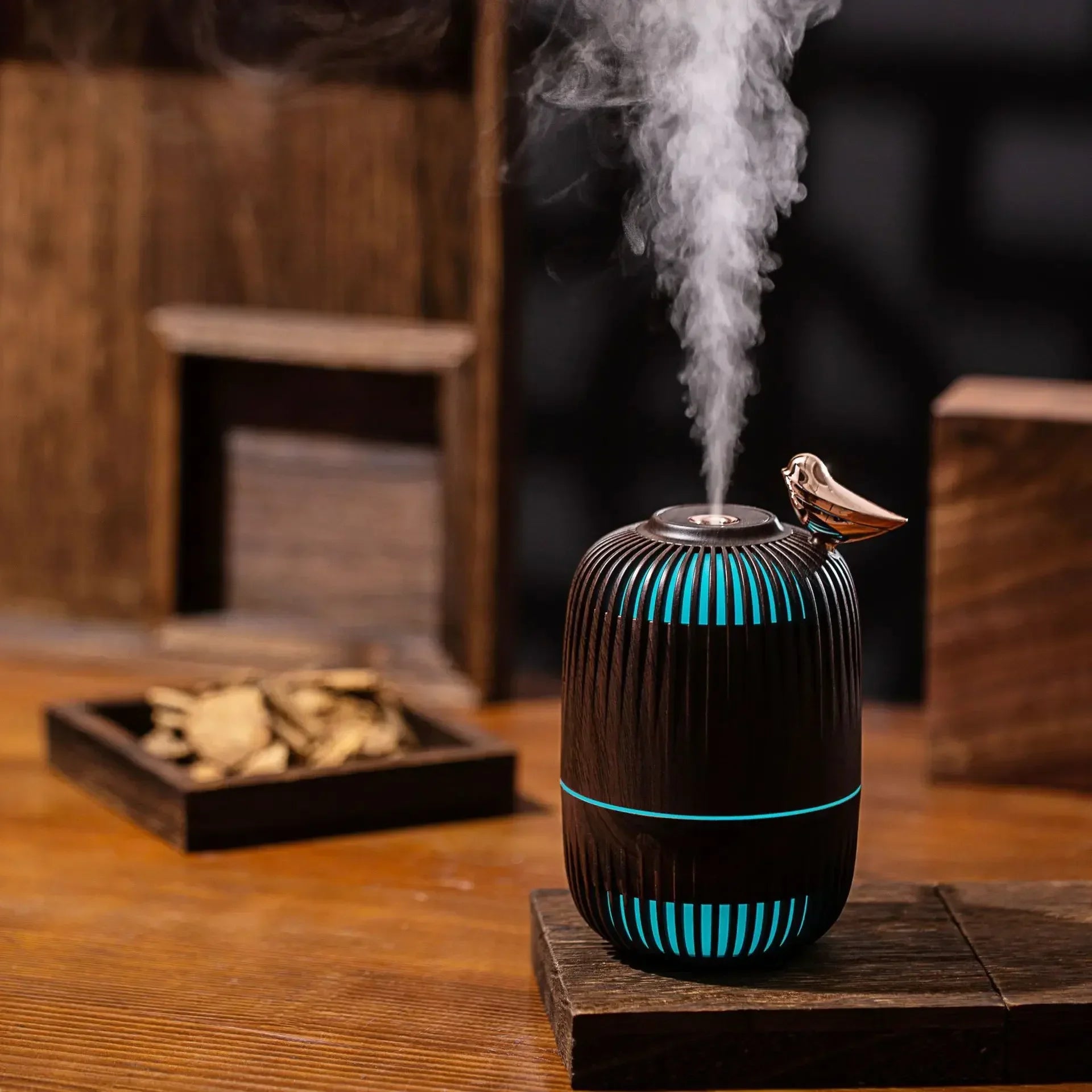 Mengniu Wood Grain Mini Ultrasonic Humidifier Office Home Use Dual Purpose Spray Moisturizer Atmosphere Light for Air