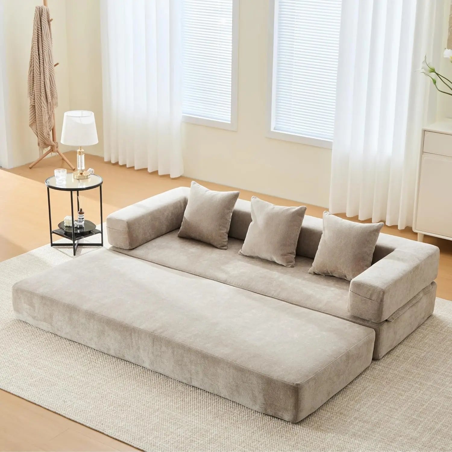Convertible Sleeper Sofa Bed with Cylindrical Pillow Corduroy Folding Mattress Couch with Fixed-Shape Frame Floor Sofa