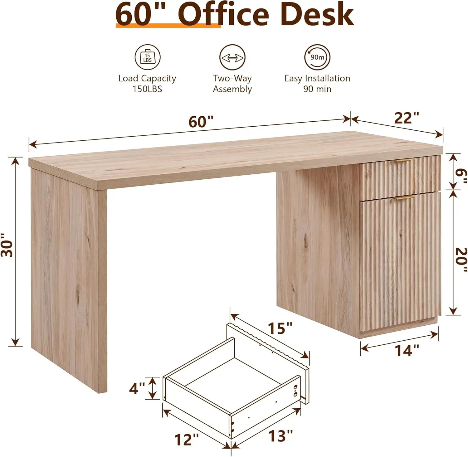 60’’ Modern Executive Desk with Storage Wood Home Office Desk with Drawer & Cabinet Fluted Computer Writing Desk