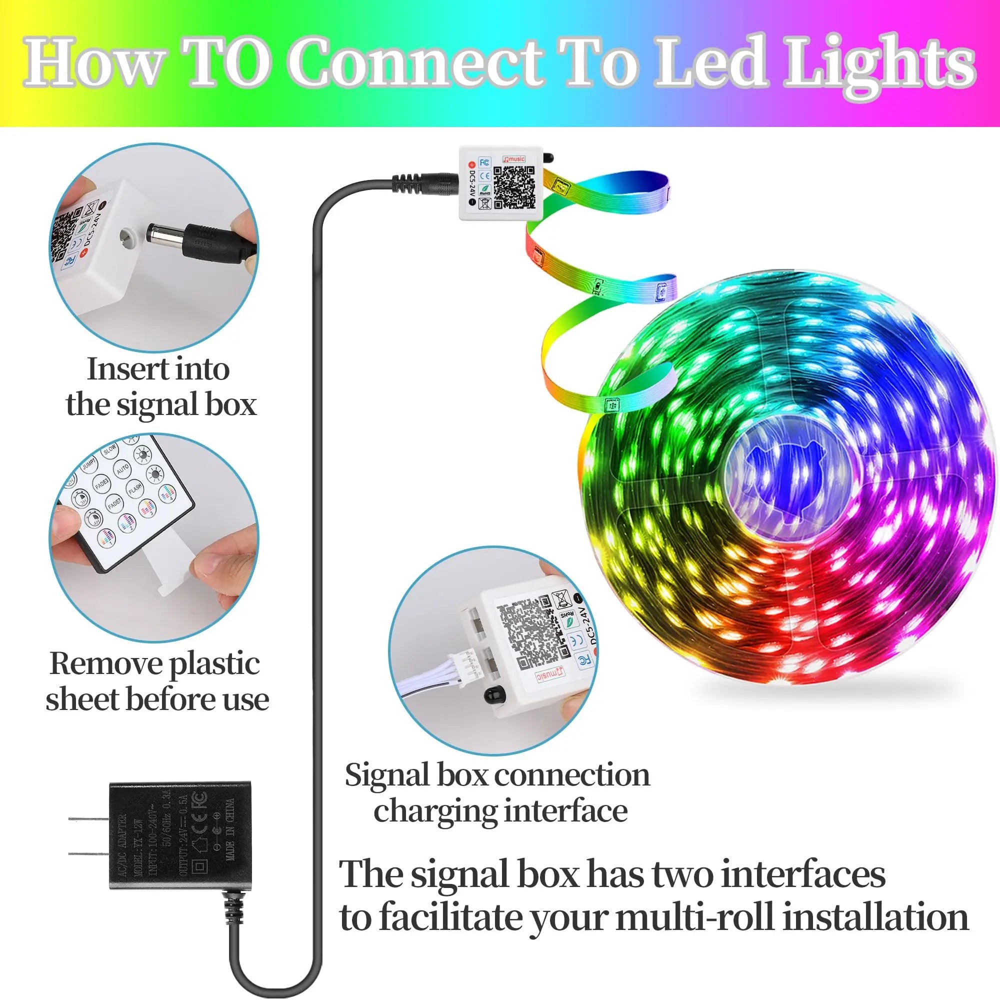 16ft/49ft/98ft/196ft Long LED Strip Lights - Color-Changing RGB Music Sync LED Rope Lights With 44-Key Remote And Phone
