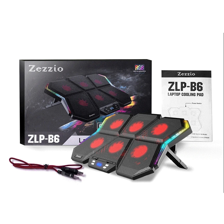 Zezzio ZLP-B6 Gaming RGB Laptop Cooler 2 USB Ports 6 Fan Gaming Led Light Notebook Cooler For 12-17Inch Laptop Cooling