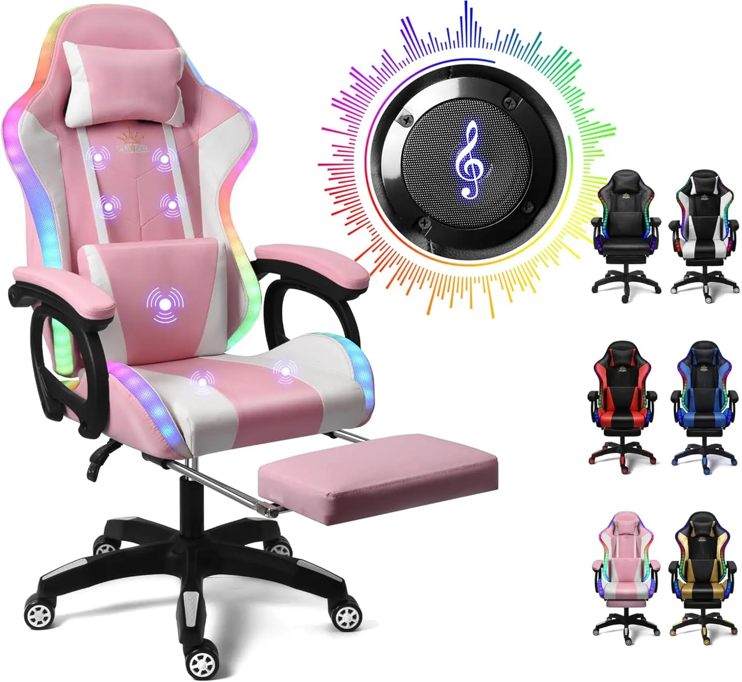 Gaming Chair with LED Lights and Speakers Ergonomic Pro Video Game Chair with Massage and Footrest for Adults Teens